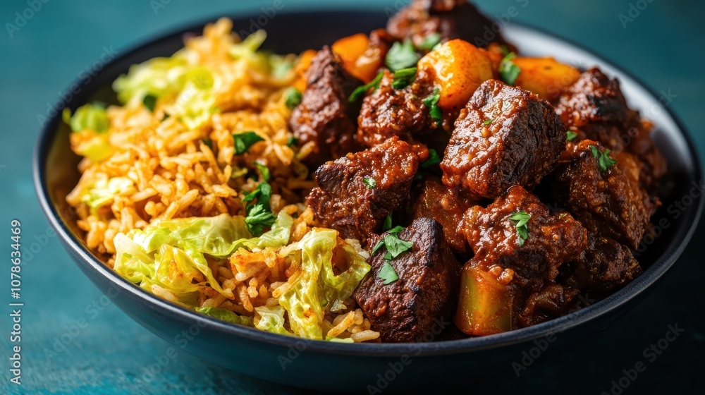 This appetizing dish showcases a robust beef stew served alongside a vibrant mix of spicy rice and tender cabbage, crafting a colorful and satisfying culinary experience. This appetizing dish showcases a robust beef stew served alongside a vibrant mix of spicy rice and tender cabbage, crafting a colorful and satisfying culinary experience.