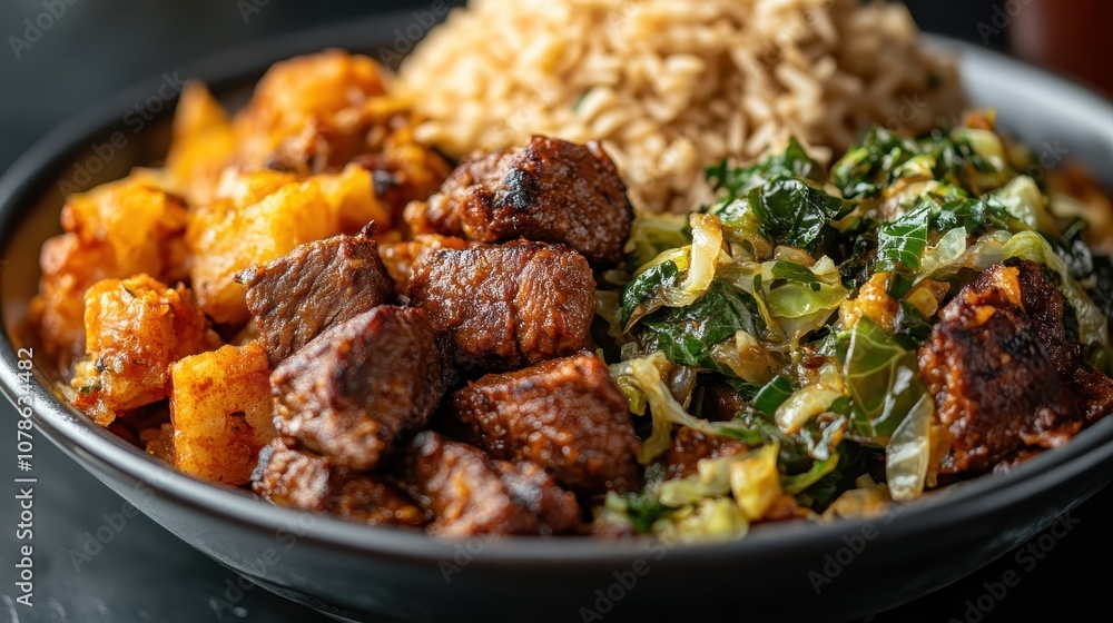 A delicious plate of crispy beef paired with seasoned collard greens and a side of savory rice, offering a harmonious balance of textures and flavors in each bite. A delicious plate of crispy beef paired with seasoned collard greens and a side of savory rice, offering a harmonious balance of textures and flavors in each bite.