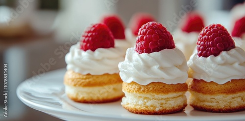 Tasty shortcakes with cream and raspberries on a white plate.