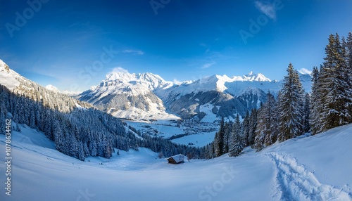 Stunning panoramic view of the Swiss Alps from the top of the Schilthorn mountain in the Jungfrau region of the country