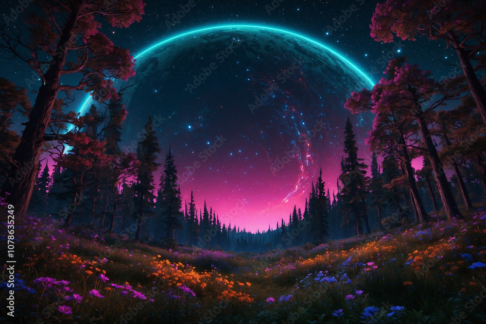 Dense forest of glowing trees and neon flowers, under a starry sky with a Saturn-like planet and rings Dense forest of glowing trees and neon flowers, under a starry sky with a Saturn-like planet and rings