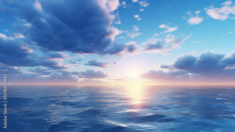 Obraz premium Sky with clouds over the sea, sunrise or sunset background pattern. Decorative horizontal banner. Digital artwork raster bitmap illustration. AI artwork. 