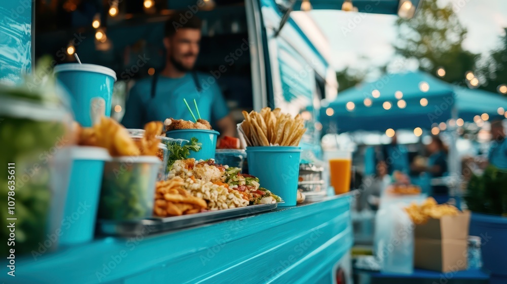 A vibrant blue food truck offers crispy fries and assorted beverages, set against a background of trees and string lights, capturing a lively, outdoor atmosphere. A vibrant blue food truck offers crispy fries and assorted beverages, set against a background of trees and string lights, capturing a lively, outdoor atmosphere.
