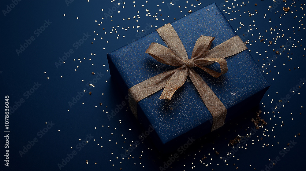 Navy Blue Gift Box with Golden Bow and Confetti Navy Blue Gift Box with Golden Bow and Confetti