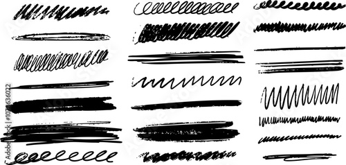 Marker lines isolated on transparent background. Set of different doodle underlines, rough round shapes. Hand drawn marker stripes. Scrawl texture underline effect. Vector EPS 10