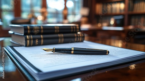 A fountain pen rests on a legal document with law books in the background.