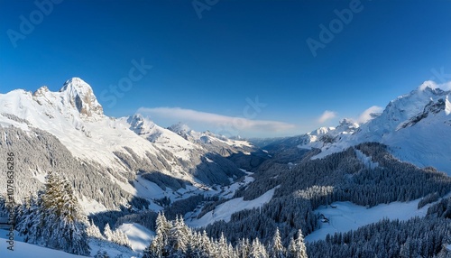 Stunning panoramic view of the Swiss Alps from the top of the Schilthorn mountain in the Jungfrau region of the country