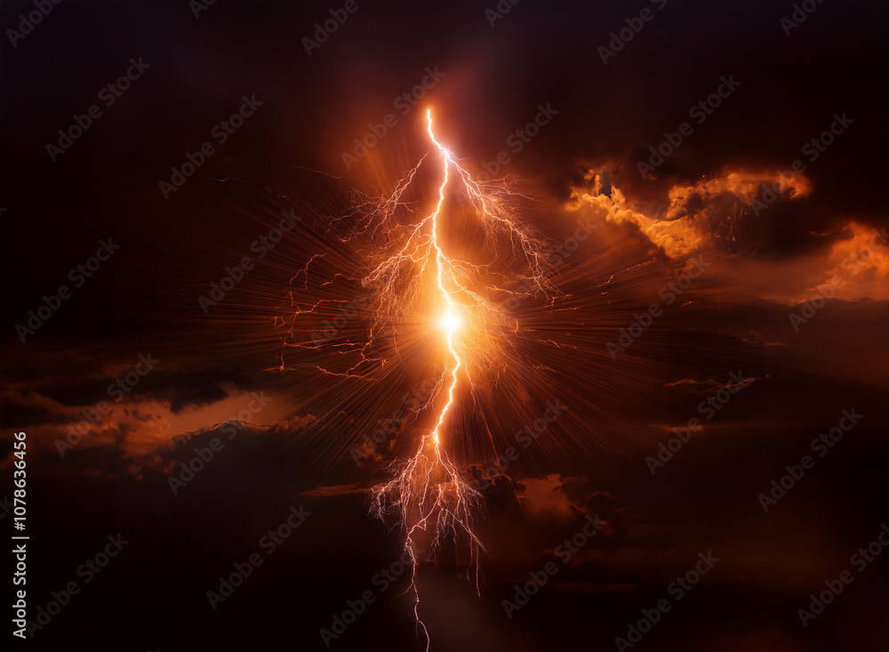 A dramatic lightning bolt flashes across the sky with a brilliant, fiery light. A dramatic lightning bolt flashes across the sky with a brilliant, fiery light.