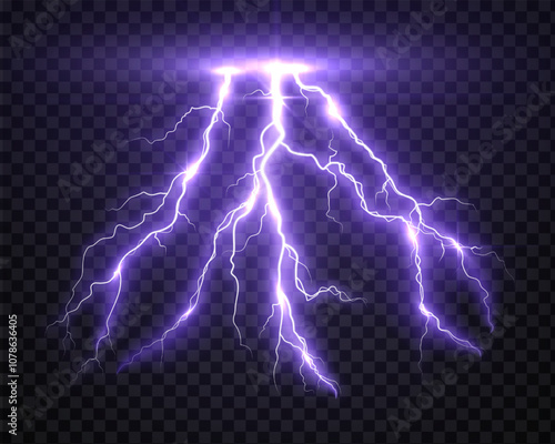 lightning strike, bright realistic lightning effect with flash and glow on isolated background