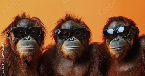 Three cute orangutans wearing sunglasses, a funny animal concept. photo