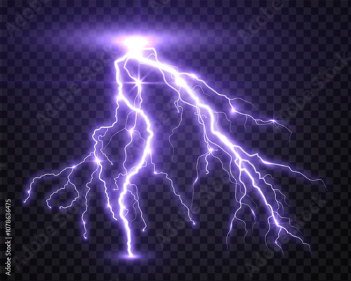 lightning strike, bright realistic lightning effect with flash and glow on isolated background