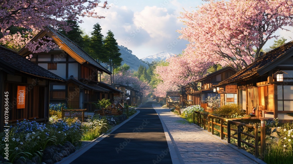 A picturesque street lined with traditional Japanese houses, cherry blossoms, and lush greenery. A picturesque street lined with traditional Japanese houses, cherry blossoms, and lush greenery.
