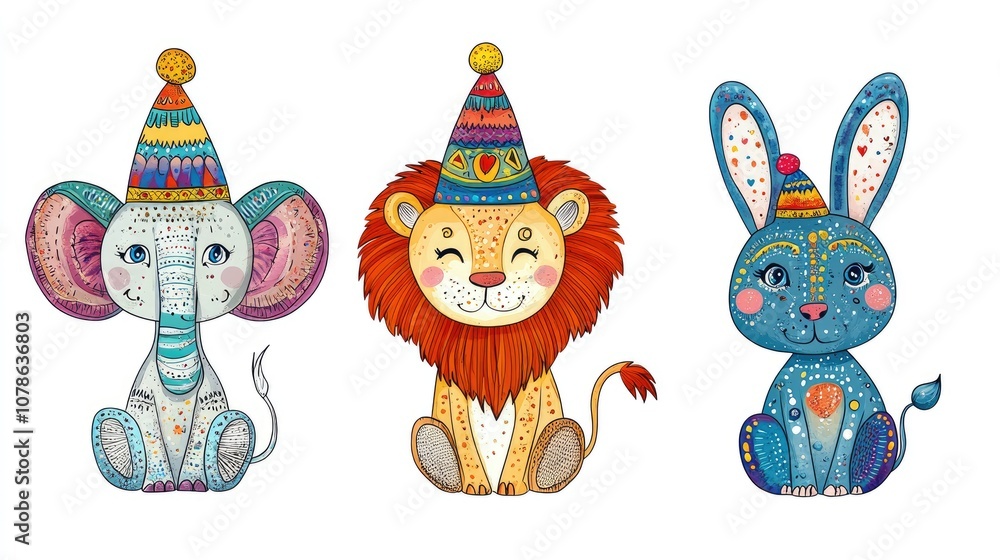 Obraz premium Playful Animals in Colorful Party Hats