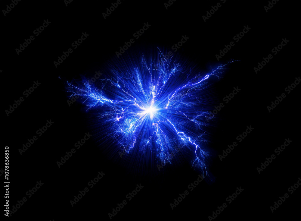 A bright blue electric burst radiates from the center of the image against a black background. A bright blue electric burst radiates from the center of the image against a black background.