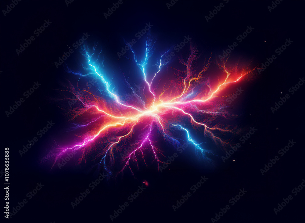 A vibrant, multi-colored lightning strike explodes against a dark background, creating a dynamic and powerful visual. A vibrant, multi-colored lightning strike explodes against a dark background, creating a dynamic and powerful visual.