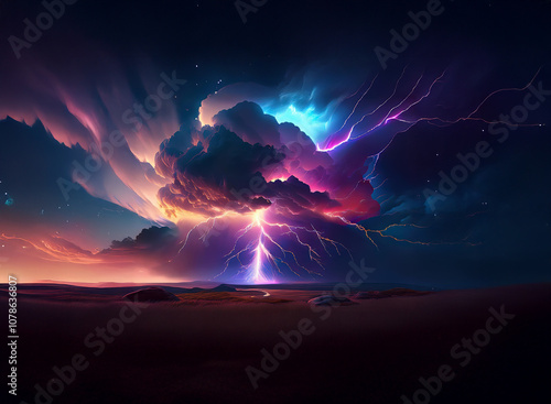 A dramatic storm rages over a dark desert landscape with multiple lightning bolts illuminating the sky. photo