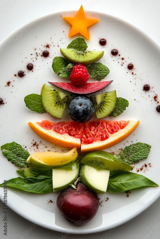 Creative fruit arrangement shaped like a Christmas tree with fresh mint leaves, ideal for festive celebrations or healthy gatherings Creative fruit arrangement shaped like a Christmas tree with fresh mint leaves, ideal for festive celebrations or healthy gatherings