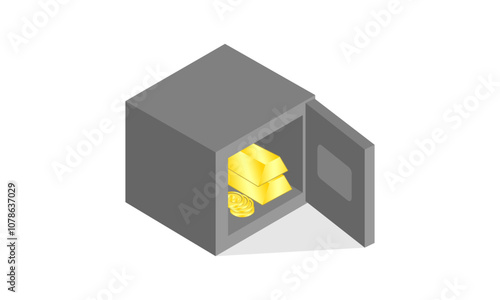 Safe deposit box with gold bar and coin illustration vector