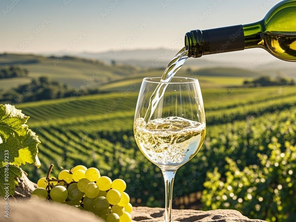 Wine glass with pouring white wine and vineyard landscape in sunny day. Winemaking concept.