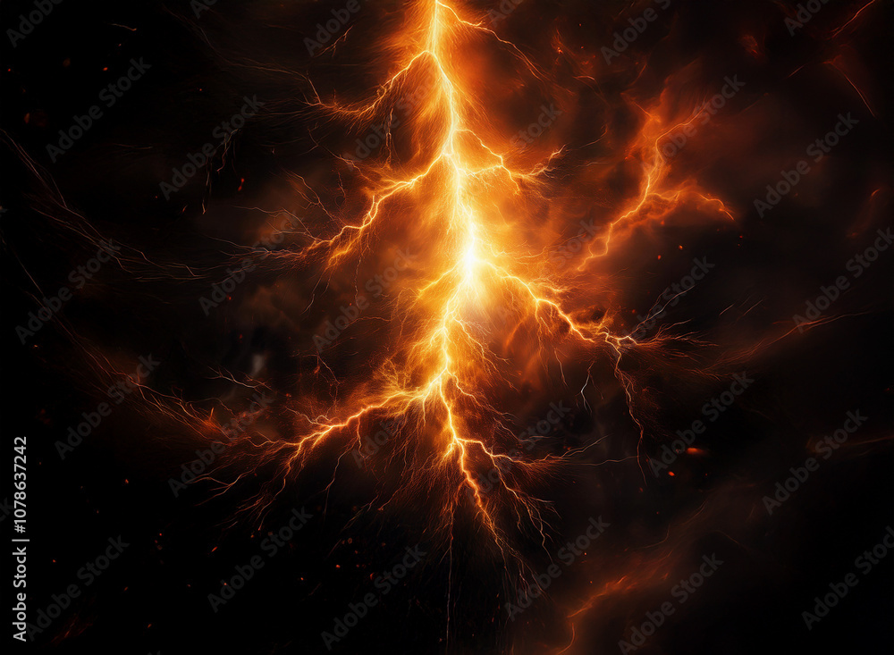 A single bright orange lightning bolt streaks across a black and orange stormy sky. A single bright orange lightning bolt streaks across a black and orange stormy sky.