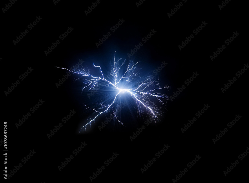 Naklejka premium A single bolt of blue lightning flashes across a black background.