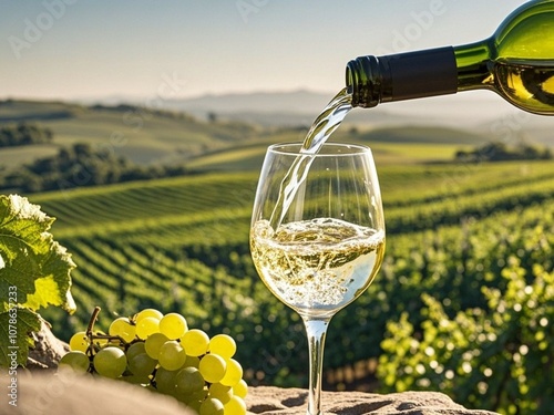 Obraz na płótnie Wine glass with pouring white wine and vineyard landscape in sunny day. Winemaking concept. w salonie