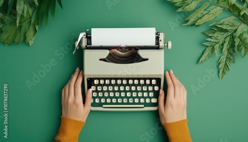 Vintage Typewriter with Green Leaves and Woman s Hands photo