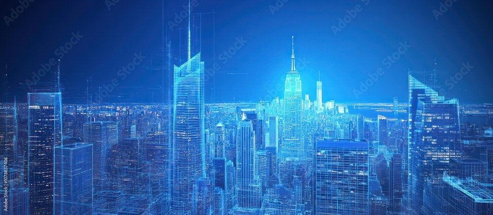 Digital city skyline with blue glow. Digital city skyline with blue glow.