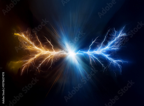 Abstract digital art depicting two contrasting colors of lightning meeting in the middle with a bright light.