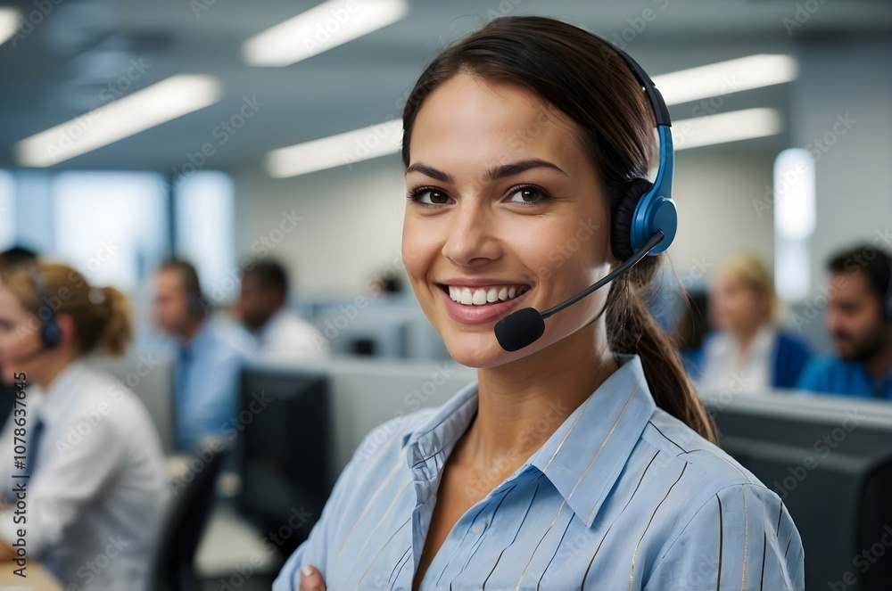 Call center agent in a modern workspace, handling customer service and tech support calls with a headset, demonstrating teamwork, communication, and professional service. Call center agent in a modern workspace, handling customer service and tech support calls with a headset, demonstrating teamwork, communication, and professional service.