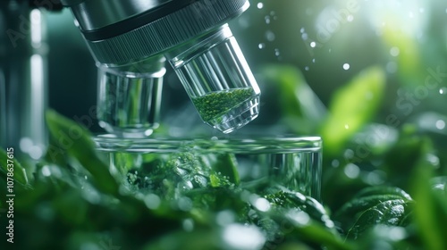 Detailed close-up image of a microscope investigating lush greenery under bright light, emphasizing scientific scrutiny, modern technology, and ecological study. photo