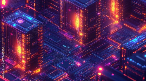 A futuristic city of glowing towers and neon lights, with intricate circuitry and glowing pathways.