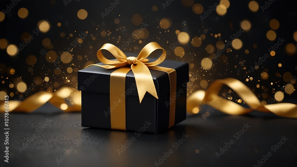 3D gift box in black and gold a dark background. Perfect for Black Friday promotions, birthday background, design and elegant sale events. 3D gift box in black and gold a dark background. Perfect for Black Friday promotions, birthday background, design and elegant sale events.