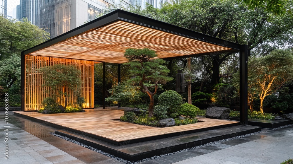 Fototapeta premium A large, open area with a wooden roof and a tree in the middle