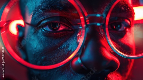 Futuristic eyewear with red neon accents, featuring a fashion model in a unique style with imaginative lighting and a sci-fi mask. Aesthetic imagery showcasing creativity and a serious expression