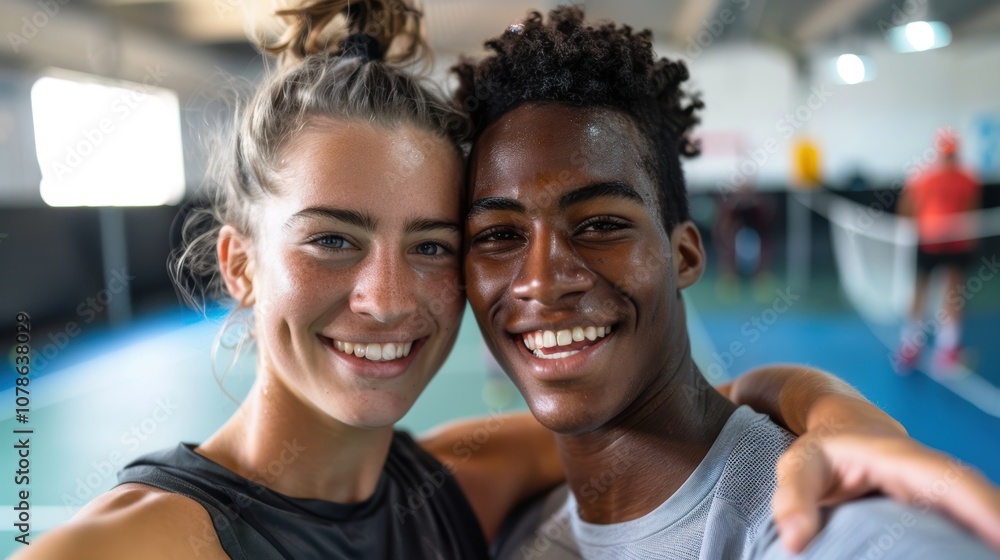 Two young athletic squash players smiling for a selfie after their match, posing closely for a social media photo Two young athletic squash players smiling for a selfie after their match, posing closely for a social media photo