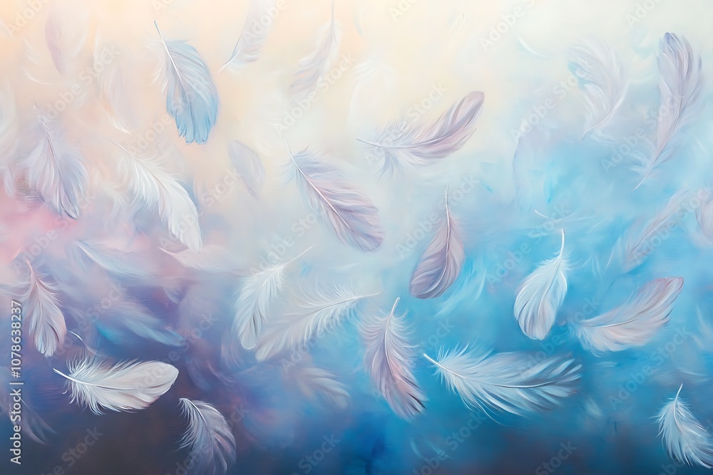 White Feathers Floating in a Blue and Peach Gradient Background White Feathers Floating in a Blue and Peach Gradient Background