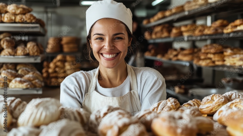 A smiling female baker standing in a bustling bakery, surrounded by an array of freshly baked goods, showcasing her craft and the joy of baking. A smiling female baker standing in a bustling bakery, surrounded by an array of freshly baked goods, showcasing her craft and the joy of baking.