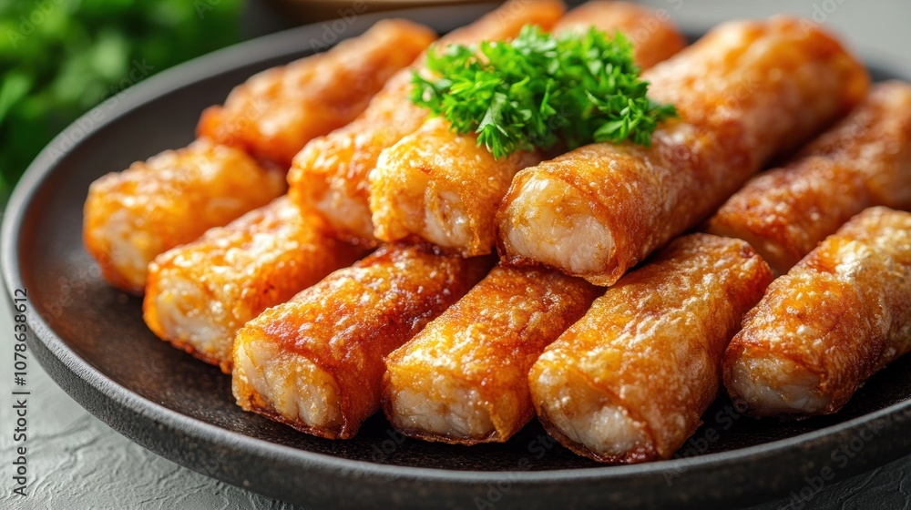 Crispy Fried Spring Rolls on Black Plate Crispy Fried Spring Rolls on Black Plate