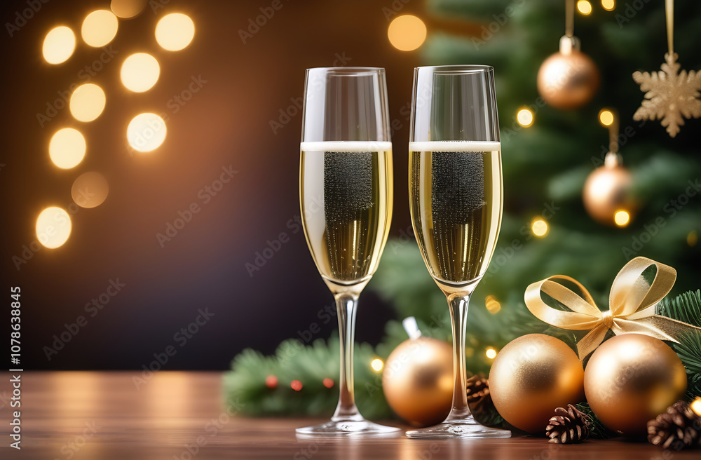 New Year's card. Glasses of champagne, fir branches and golden Christmas balls on a bokeh background with space for an inscription. New Year's card. Glasses of champagne, fir branches and golden Christmas balls on a bokeh background with space for an inscription.