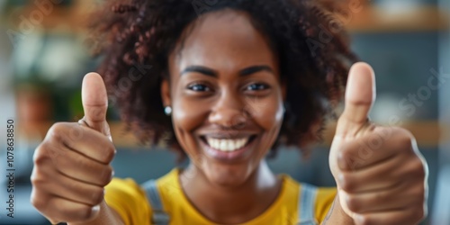 Positive gesture from a woman expressing congratulations and success, showcasing happiness and agreement with a thumbs up and joyful demeanor