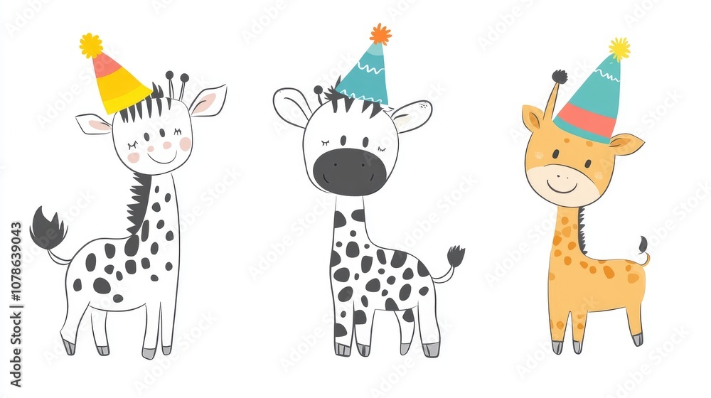 Naklejka premium Cute Animals in Party Hats Illustration