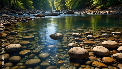 Clear water flows over smooth river stones in a lush forest.