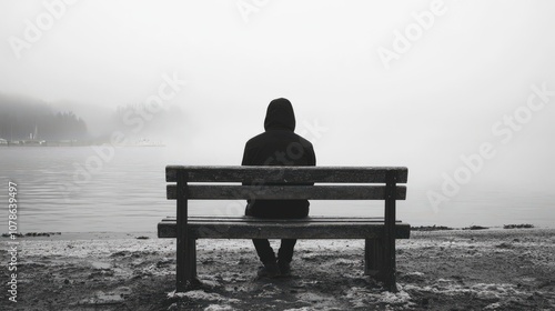 Lonely Figure Sitting on a Bench in a Foggy, Desolate Landscape, Evoking Themes of Solitude, Depression, and Melancholy, Surrounded by the Silence and Stillness of Nature