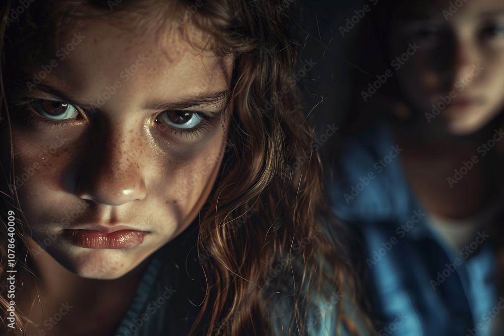 Intense close-up of a young sad frightened boy girl facing bullying at school, surrounded by peers, Generative AI Intense close-up of a young sad frightened boy girl facing bullying at school, surrounded by peers, Generative AI