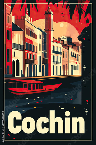 Cochin, India, modern vintage travel poster, wallpaper, background, banner, backdrop, retro card print. Art nouveau, art deco, swiss style and sci fi. Dark, red, blue, white, black photo