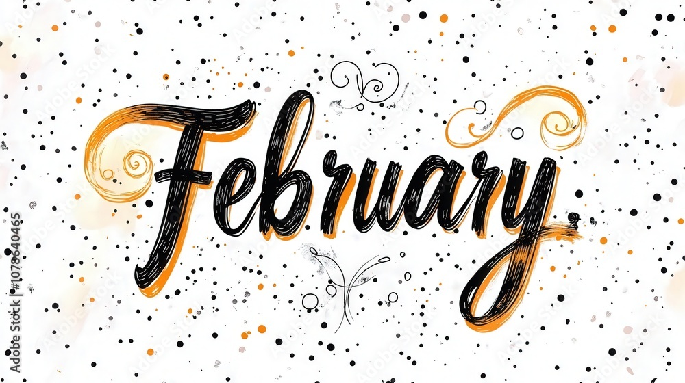Handwritten February Calligraphy with Orange and Black Dotted Background Handwritten February Calligraphy with Orange and Black Dotted Background