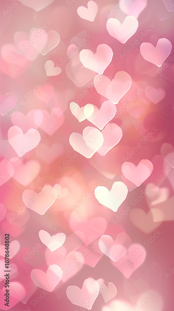 Abstract composition of soft, blurred pink hearts on a vertical background, conveying love and romance with a dreamy effect. Abstract composition of soft, blurred pink hearts on a vertical background, conveying love and romance with a dreamy effect.