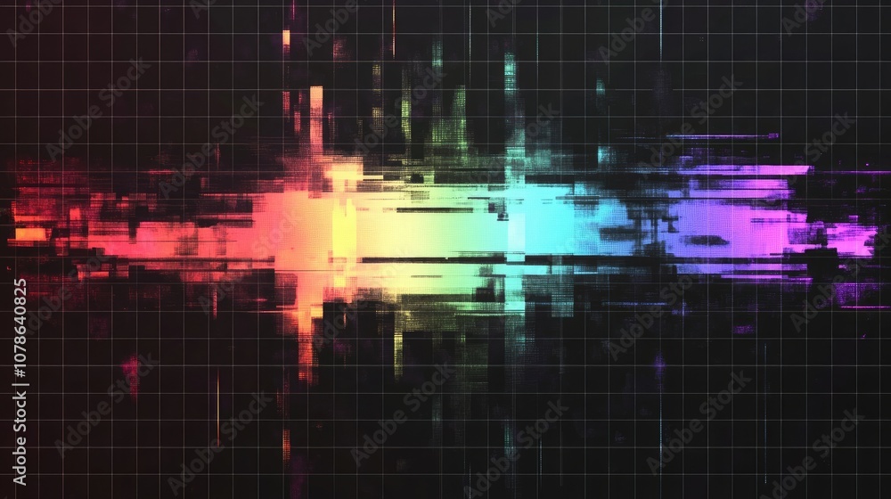 Fototapeta premium A glitchy, abstract background with a rainbow of colors in the center.
