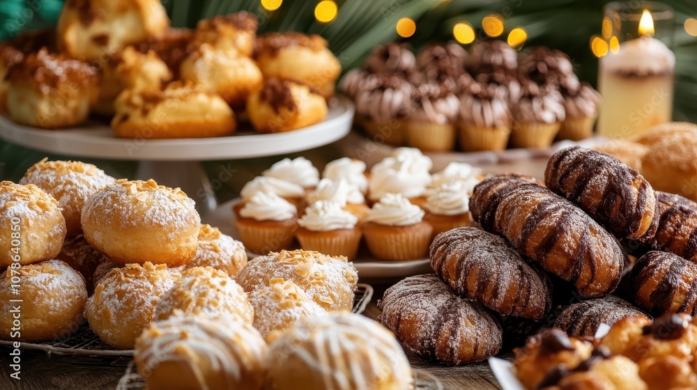 An elegant spread of desserts including doughnuts, cupcakes, and eclairs displayed tastefully on a table, illuminated softly for an inviting ambiance. An elegant spread of desserts including doughnuts, cupcakes, and eclairs displayed tastefully on a table, illuminated softly for an inviting ambiance.